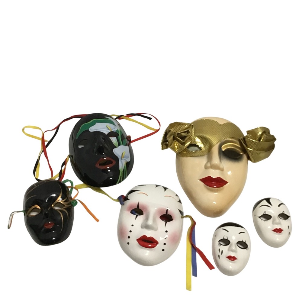 Mardi Gras Bisque Porcelain Ceramic 1980's‎ Wall Masks - Vintage Lot of 6